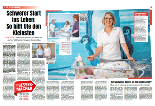 Bild des Artikels in der Mopo. Auf dem Aufmacherbild sieht man SeeYou Nachsorgeschwester Ute Leenen. Die Überschrift lautet "Schwerer Start ins Leben: So hilft Ute den Kleinsten"